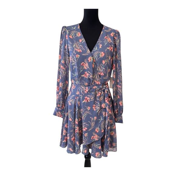 New FLORET STUDIOS Blue Pink Floral Balloon Sleeve Wrap Mini Dress Size M - Picture 1 of 5